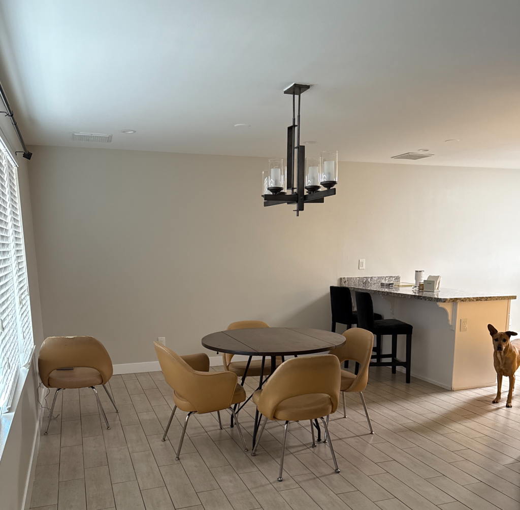 Before photo of Lindsey’s dining room with mid-century modern chairs and neutral palette.