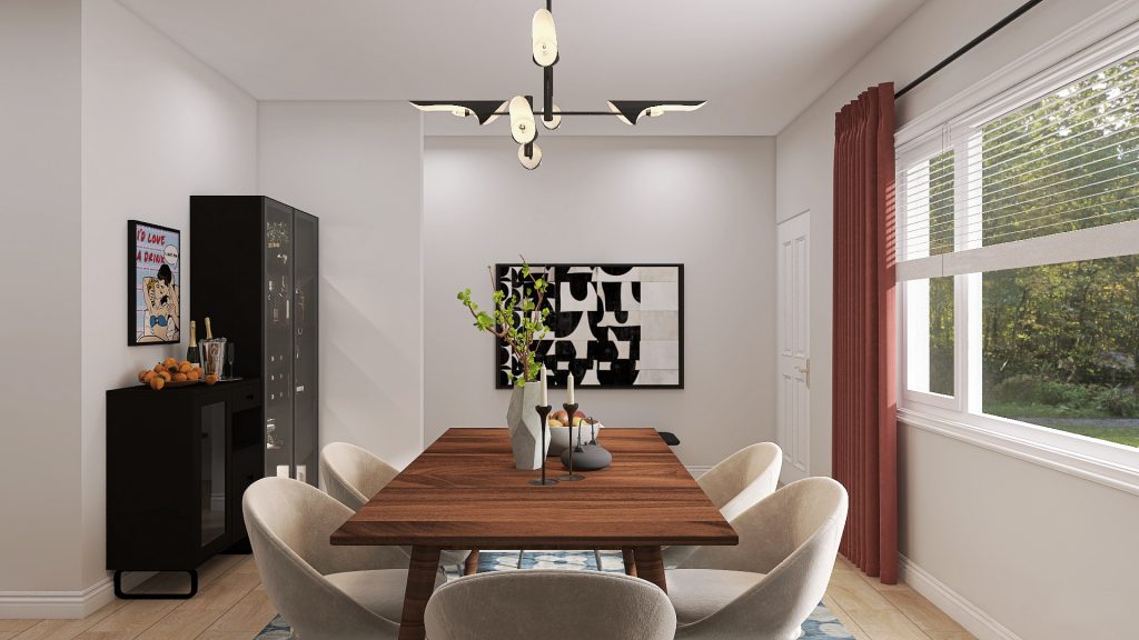 Final 3D design of a warm, California-inspired dining room makeover.