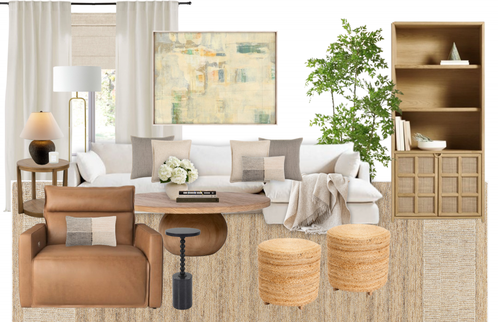 Organic modern concept board with neutral sofa, light oak tables, and textured ottomans and rugs.