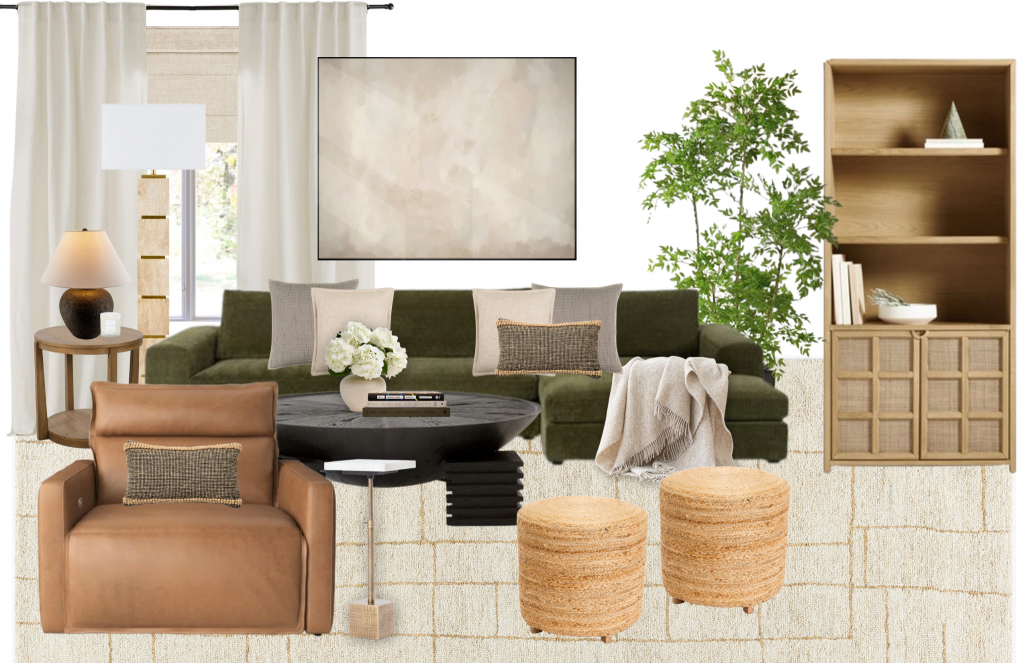 Concept board featuring green sectional sofa, black coffee table, and brass accents for a modern look.