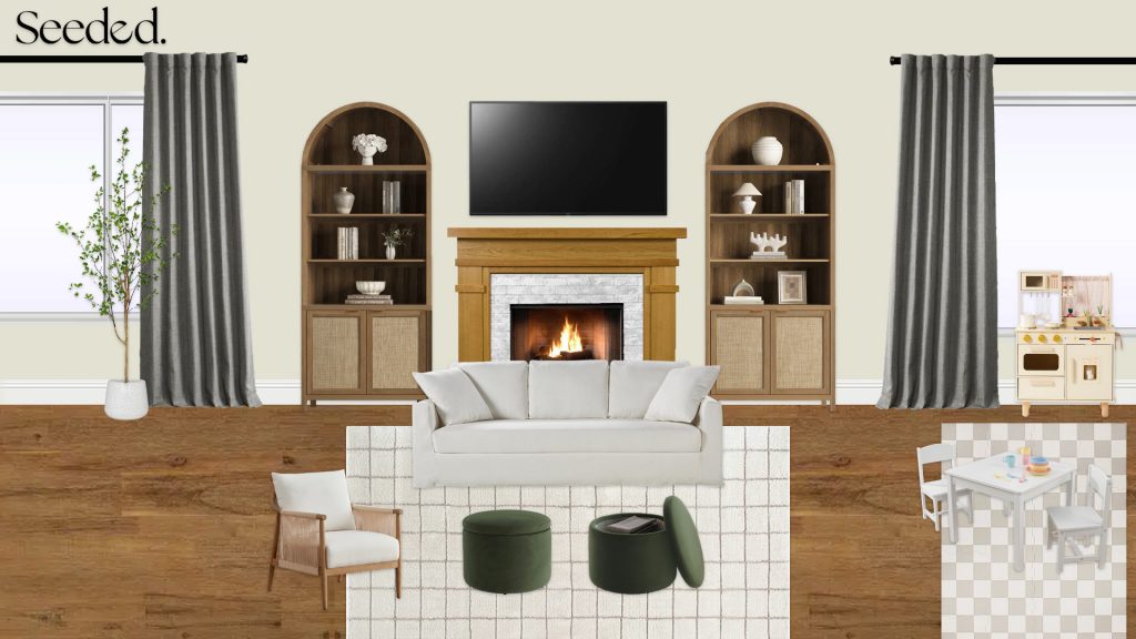 Concept board showing a light and airy living room with arched bookcases flanking the fireplace, a white slipcovered sofa, green velvet ottomans, a wicker chair, and a neutral checked rug.