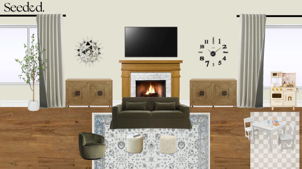 Concept board showing a moodier living room with dark green slipcovered sofa, patterned blue and gray rug, low wood cabinets beside the fireplace, and geometric mirror wall art.
