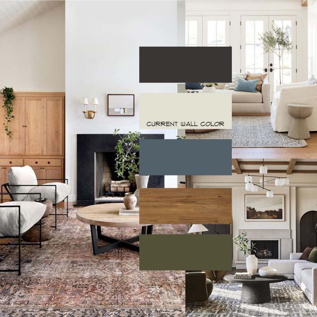 Idea board collage showing neutral living room inspiration with warm woods, creamy walls, muted greens and blues, and sample wall colors for current color scheme.